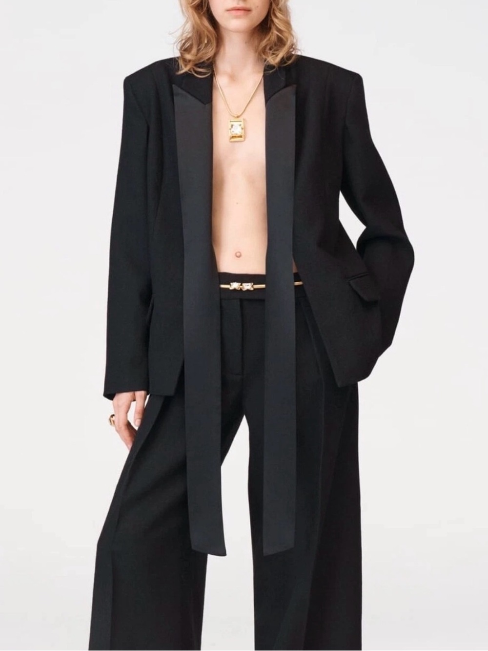 ZARA Limited Edition 100% Wool Blazer with Satin Necktie – Black XS